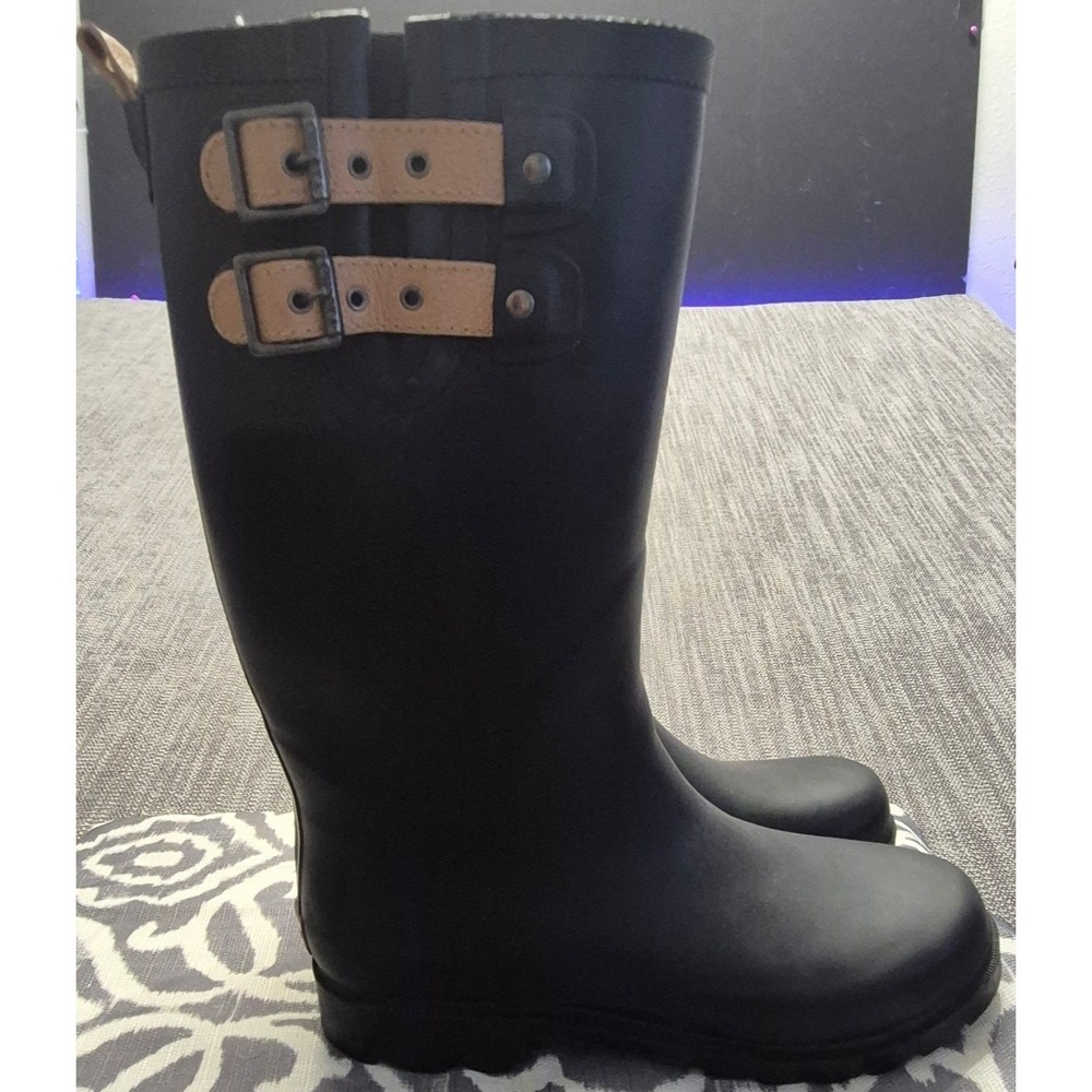 Chooka‎ women's black tall outdoor rain boots sz 9 brown buckles rubber